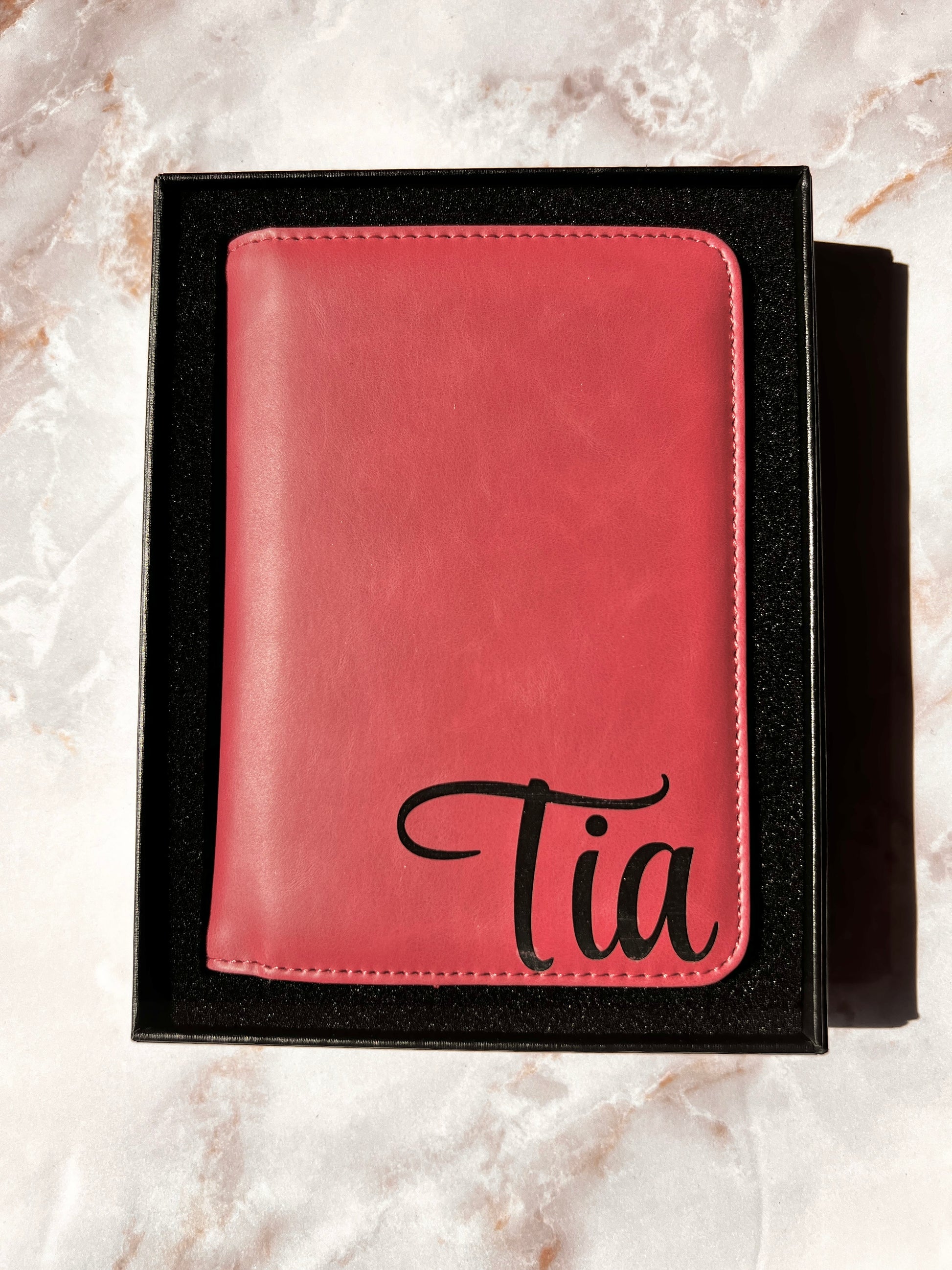 custom leather passport holder in a gift box