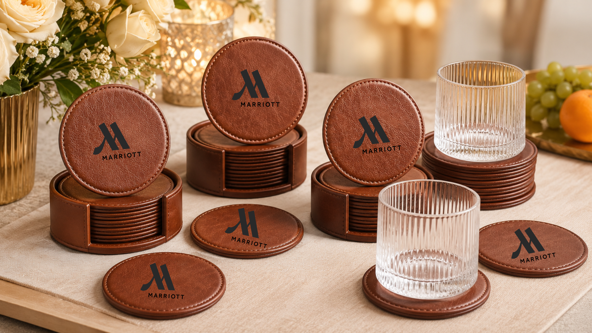 A set of brown leatherette coasters and matching glass tumblers with the Marriott logo, arranged on a wooden table with a warm, softly blurred background.